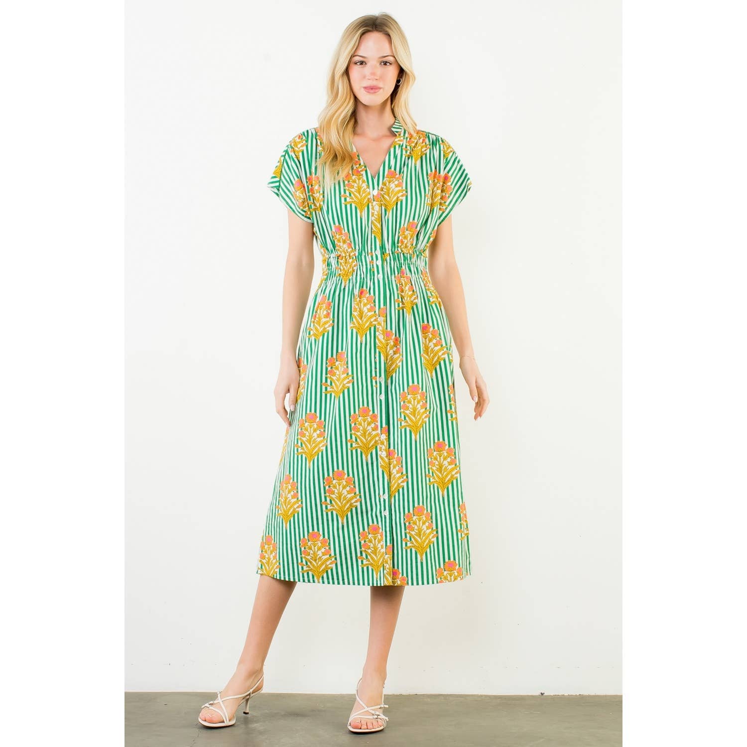 Short Sleeve Striped Floral Pattern Dress