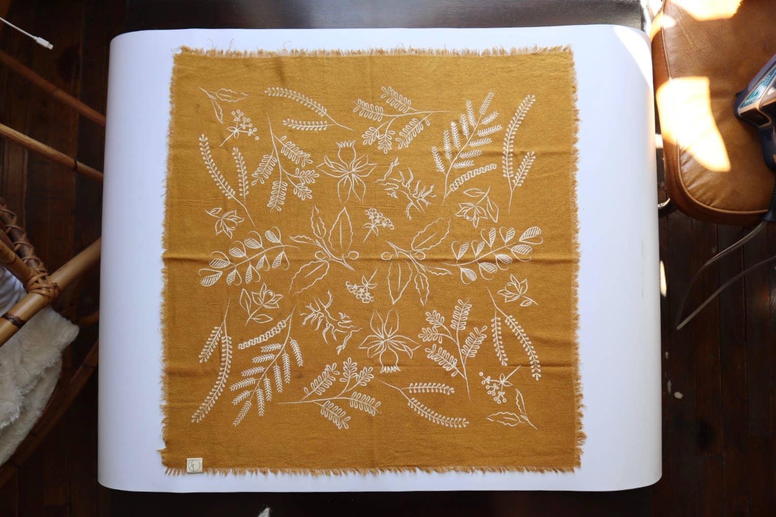 Desert Gold Botanical Print Naturally Dyed Bandana (white)