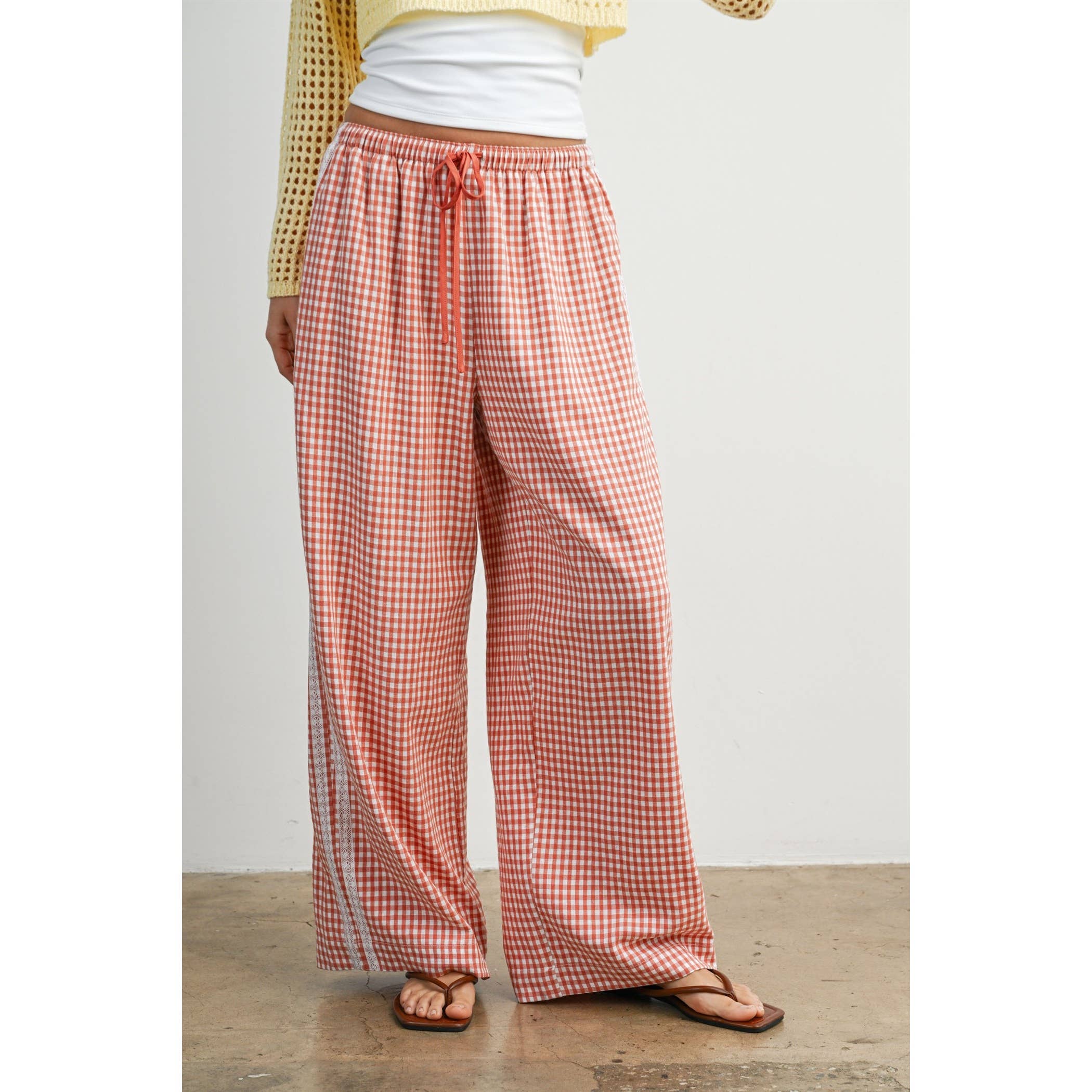 Terracotta Gingham Wide-Leg Lounge Pants-BMP8075