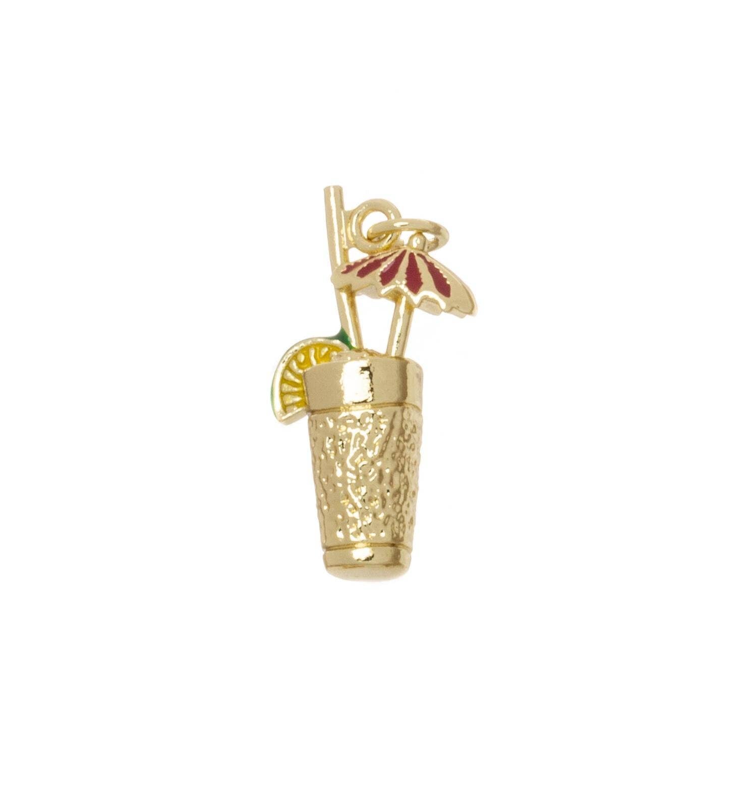 Gold Cocktail Glass Charm with Straw,Lime & Umbrella