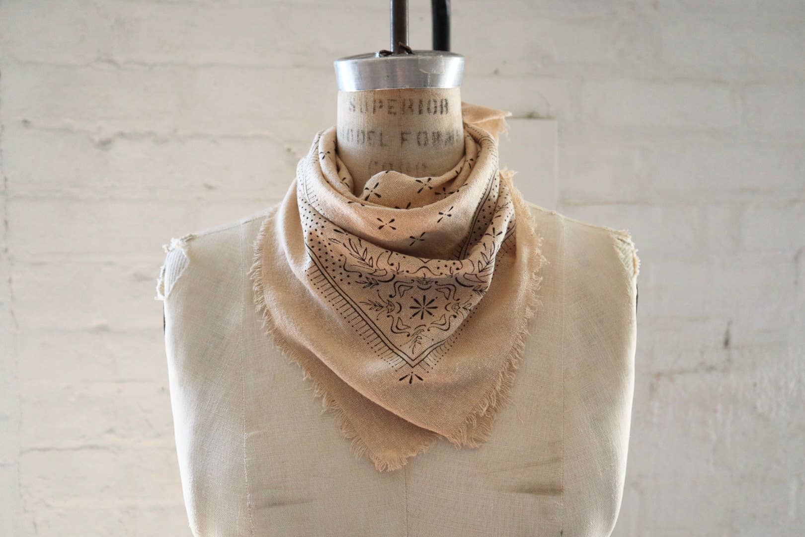 Oatmeal Classic Print Naturally Raw Silk Bandana -black ink