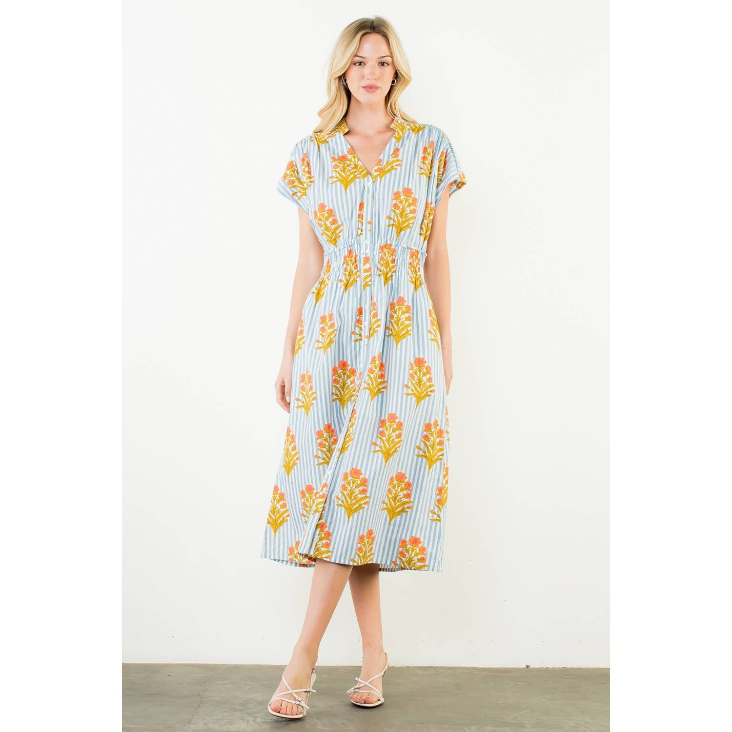 Short Sleeve Floral Striped Print Dress
