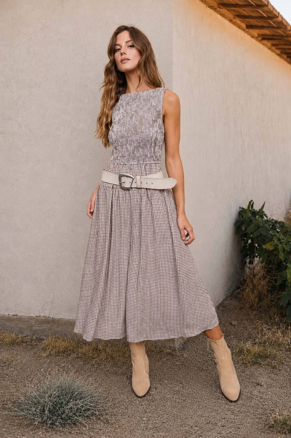 SMOCKED GINGHAM TIERED SLEEVELESS MIDI DRESS