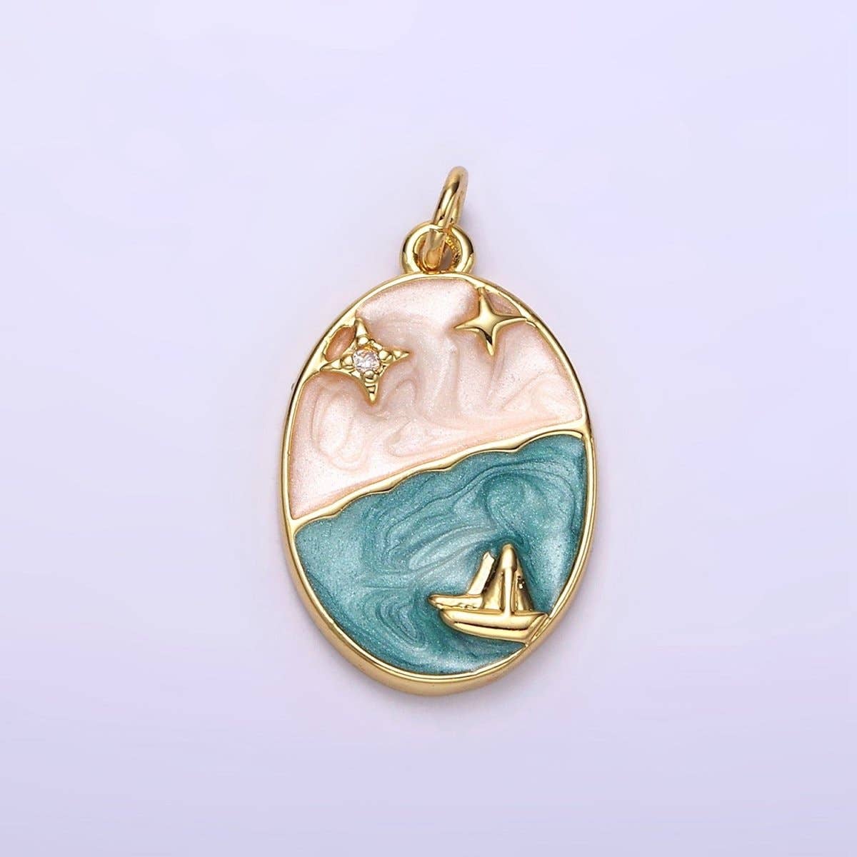 Boat Ocean Celestial Star Night Sky Sparkly Enamel Oval Charm