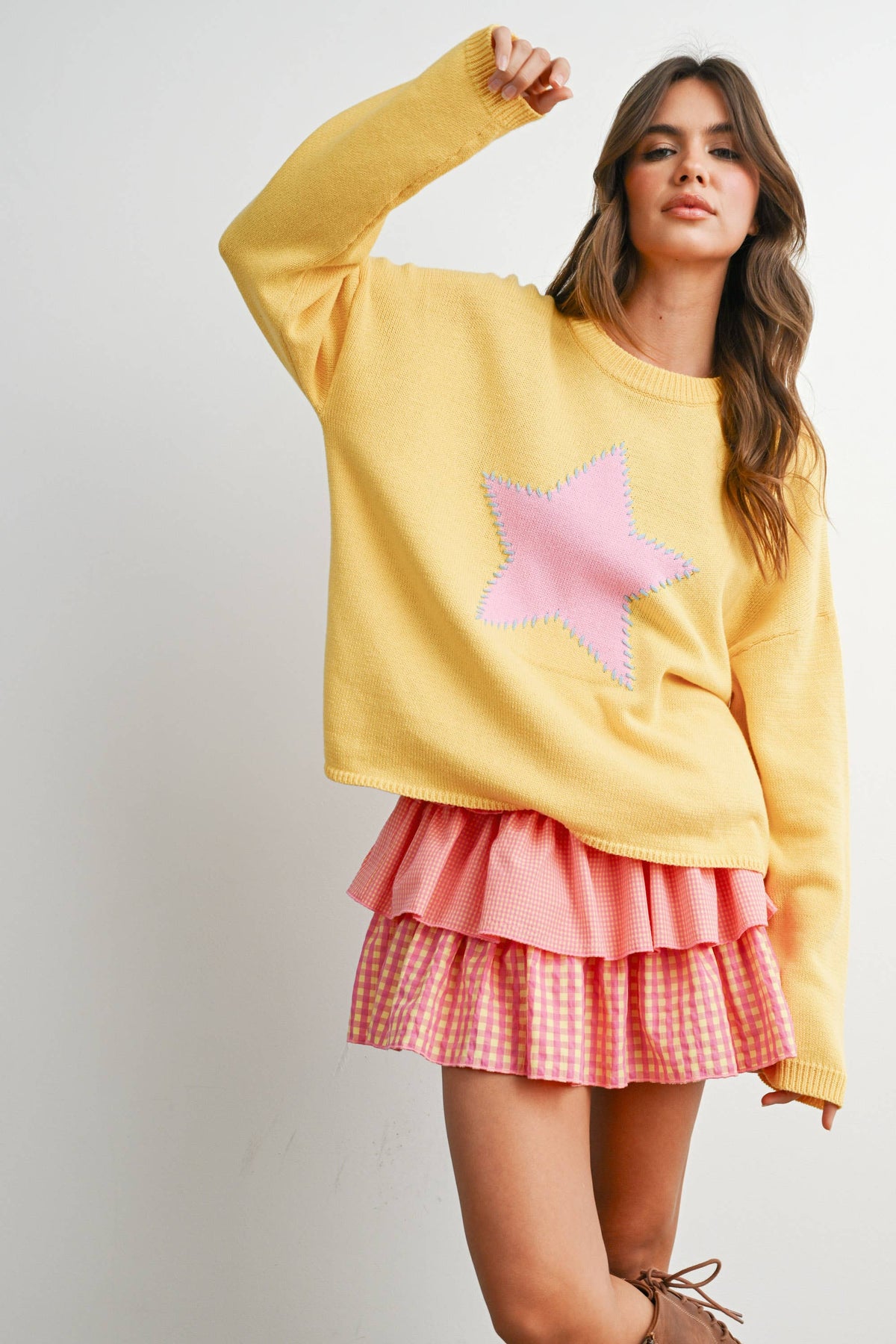 Drop Shoulder Star Pattern Sweater - BMW7756