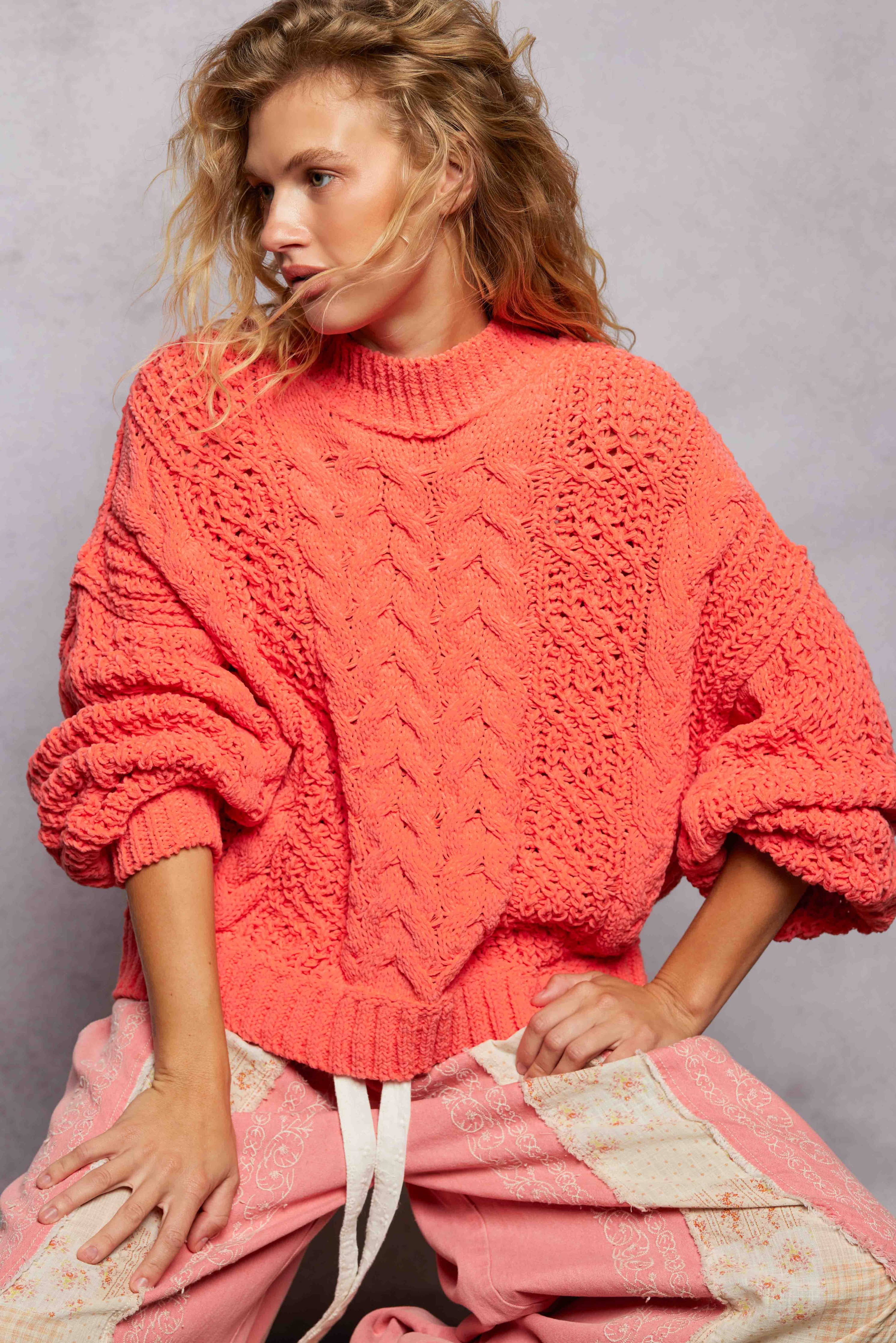 Mock Neck Balloon Sleeve Cable Knit Pullover Sweater