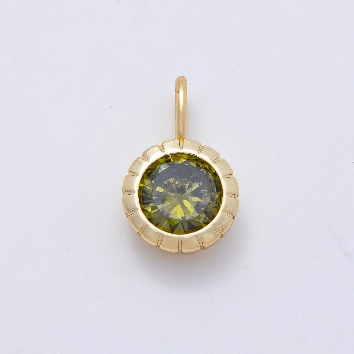 16K Gold Filled 17mm Birthstone Round CZ Ribbed Bezel Mini Pendant | Charms-01113 ~ Charms-01124