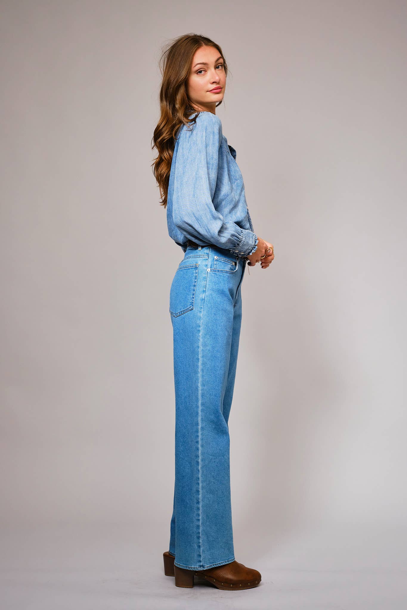 Ruffle Neck Denim Snap Button Shirt