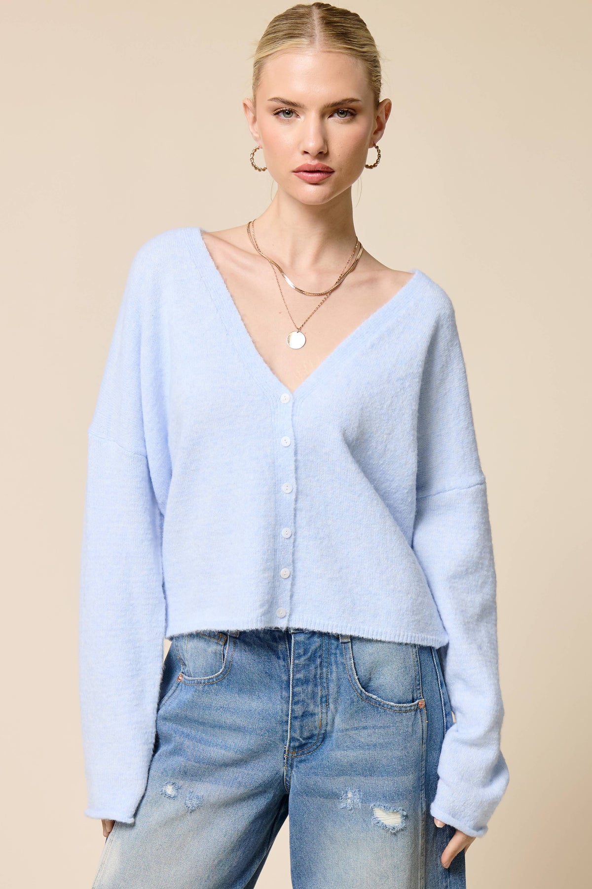 V neck Batwing Sleeve Button Up Cardigan