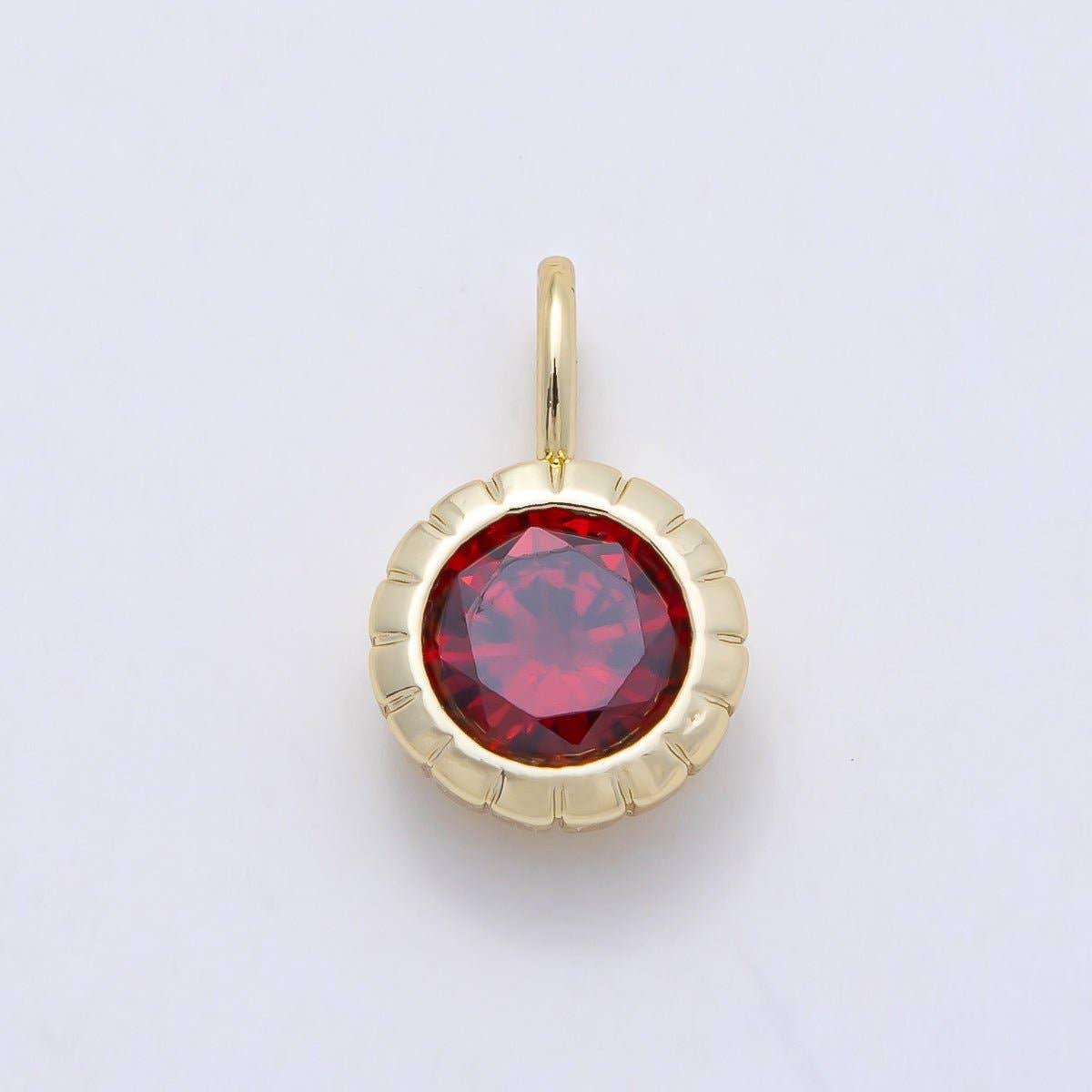 16K Gold Filled 17mm Birthstone Round CZ Ribbed Bezel Mini Pendant | Charms-01113 ~ Charms-01124