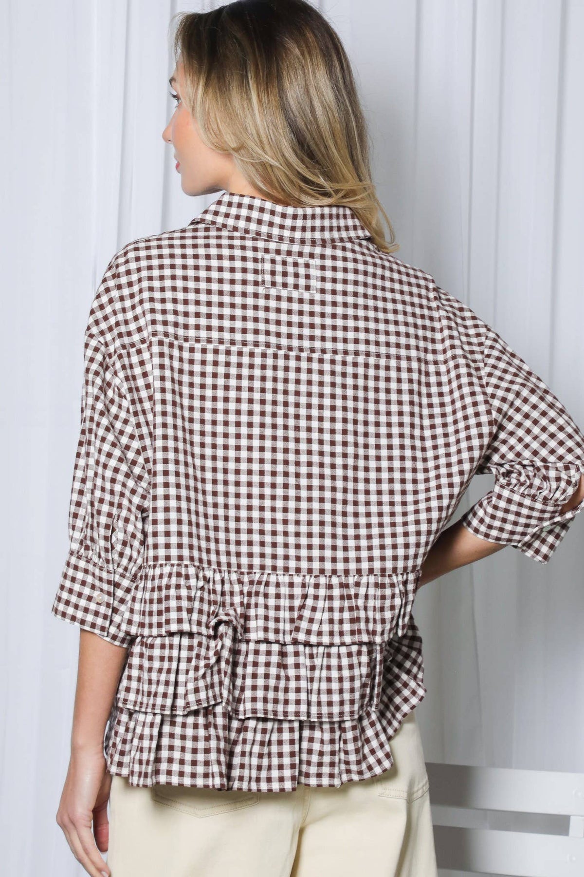 Gingham Puff Sleeve Ruffle Accent Top