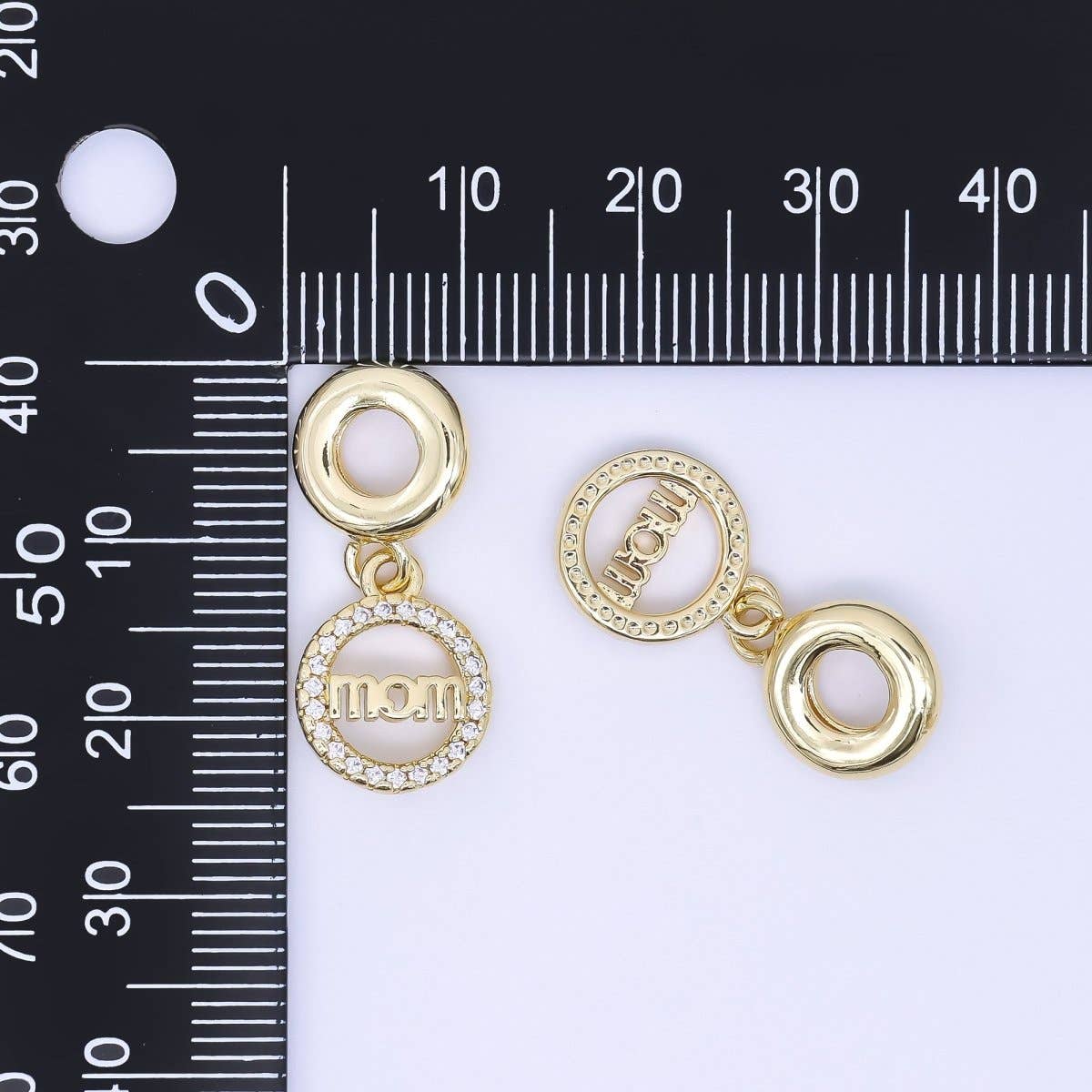 24K Gold Filled "MOM" Paved Round Drop Rondelle Charm
