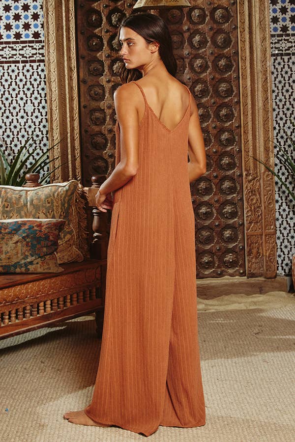 R5210 Wide Leg Solid Ribbed Knit Jumpsuit