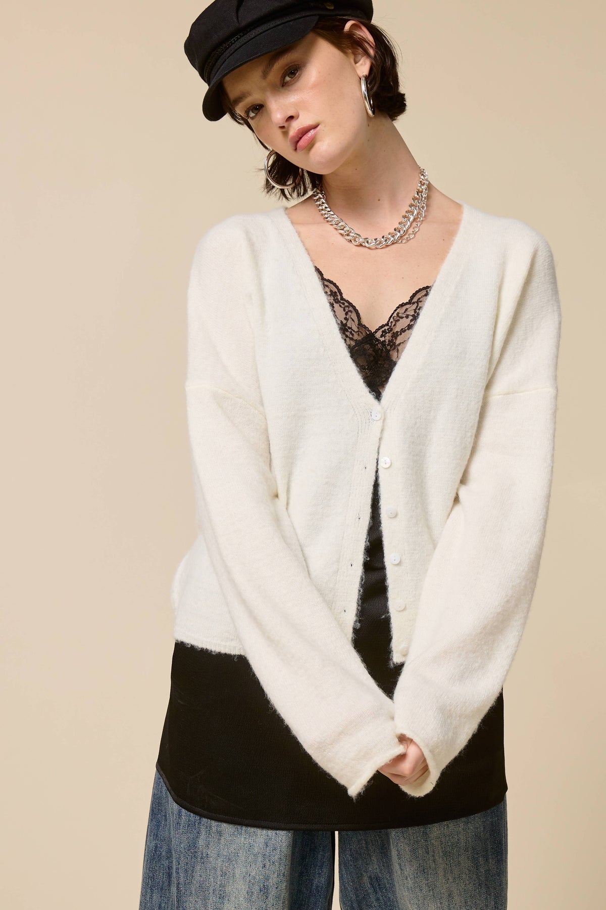 V neck Batwing Sleeve Button Up Cardigan