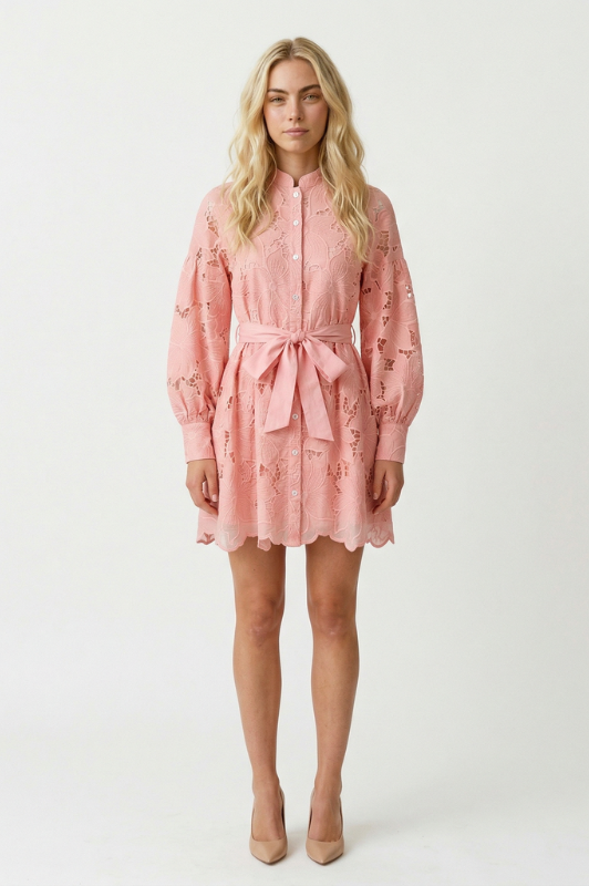 TD-10657-6 LONG SLEEVE FLORAL LACE DRESS-BLUSH