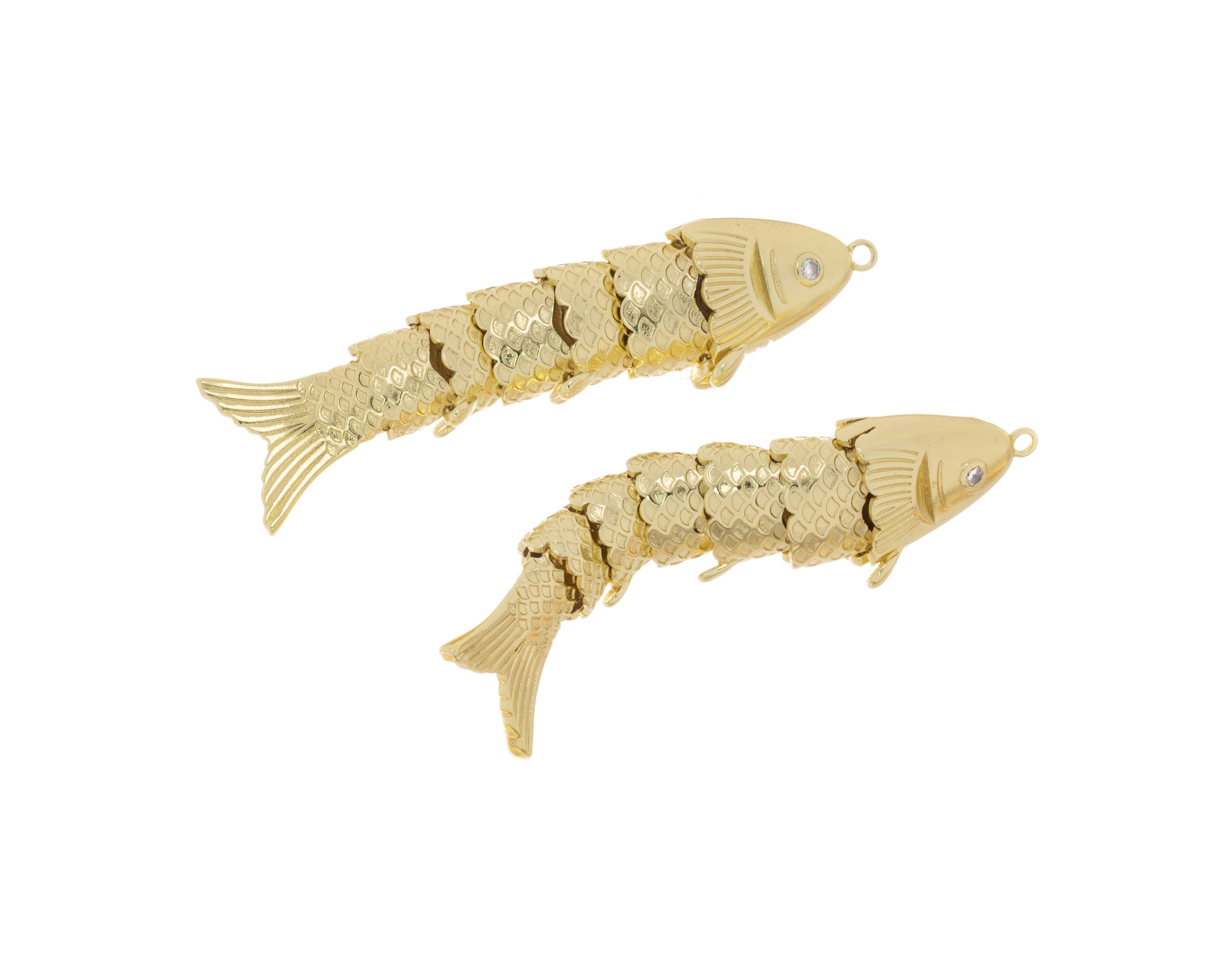 Gold Twirling Large Fish Charm with CZ For Jewelry