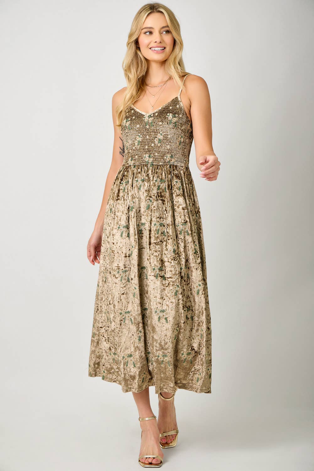 Embroidered Velvet Smocked Dress