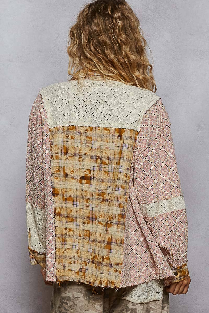 Oversized long sleeve lace contrast shirt in plaid