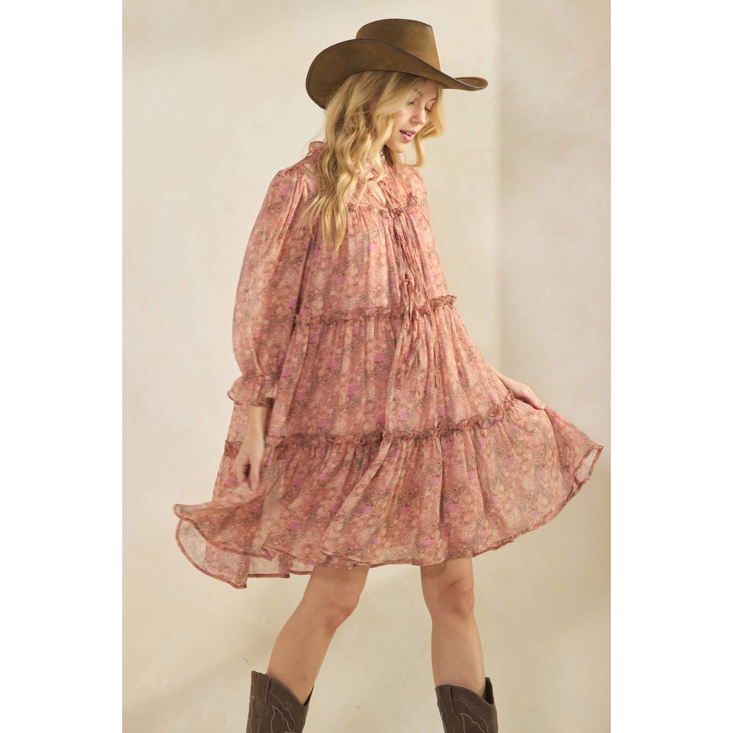 VINTAGE-INSPIRED FLORAL TIERED RUFFLE DRESS