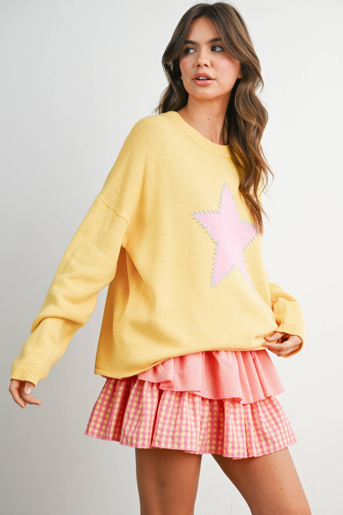 Drop Shoulder Star Pattern Sweater - BMW7756