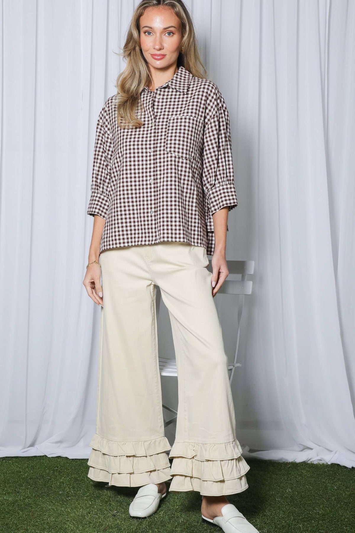 Gingham Puff Sleeve Ruffle Accent Top