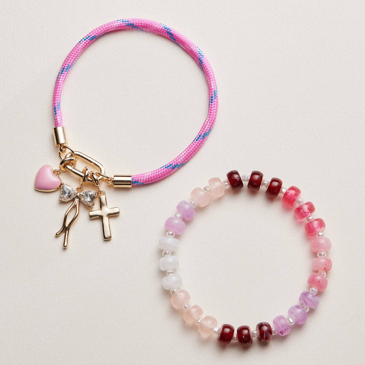 Double Layer Beaded Stretch &amp; Cord Bracelet with Gold Tone Charms