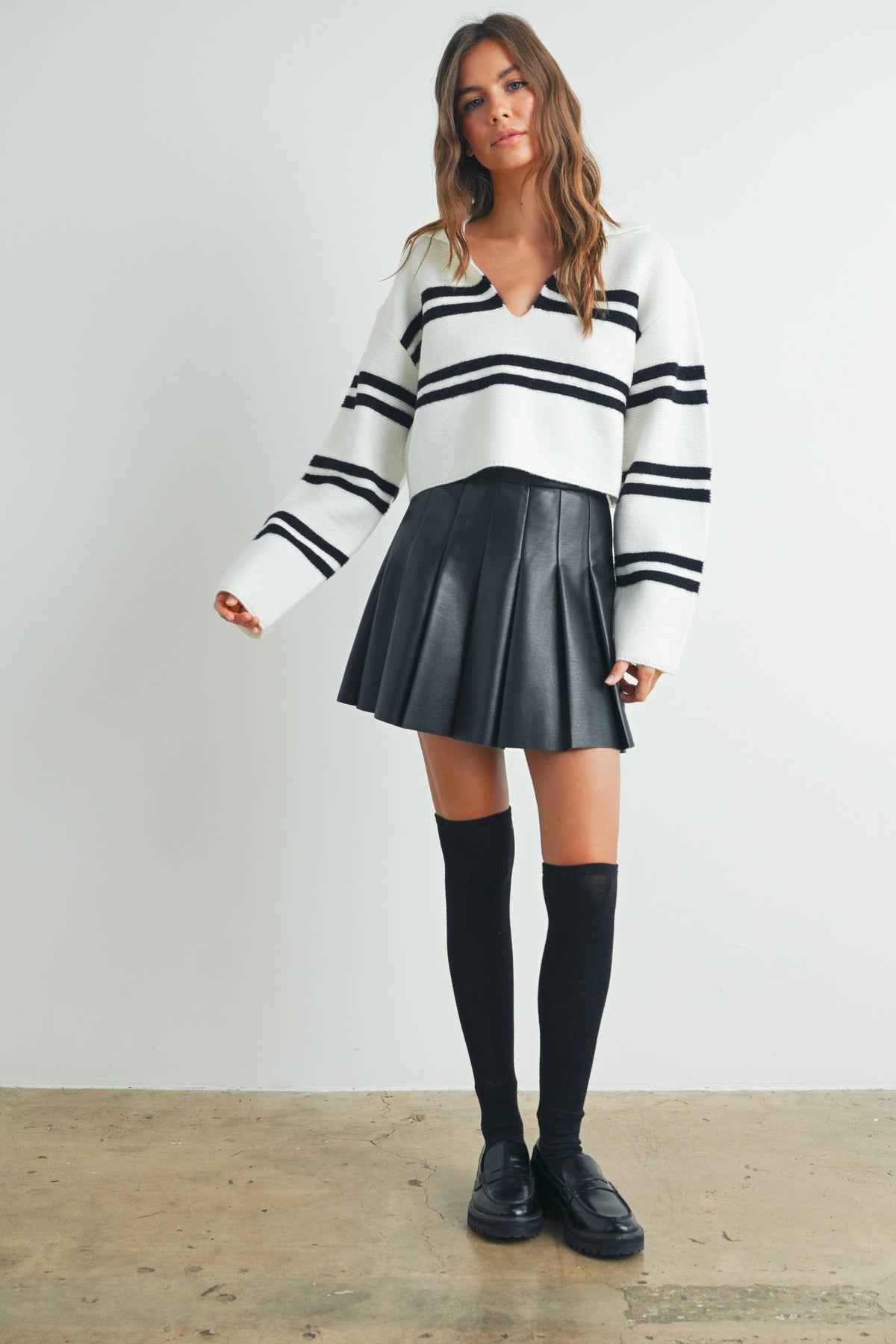 Stripe Crop Collar Sweater Top - BMW7393