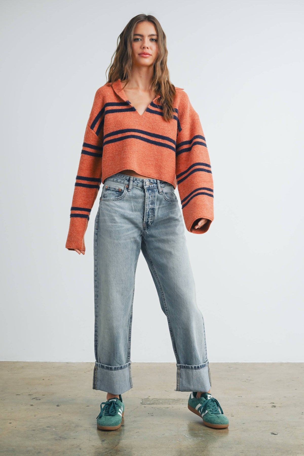 Stripe Crop Collar Sweater Top - BMW7393