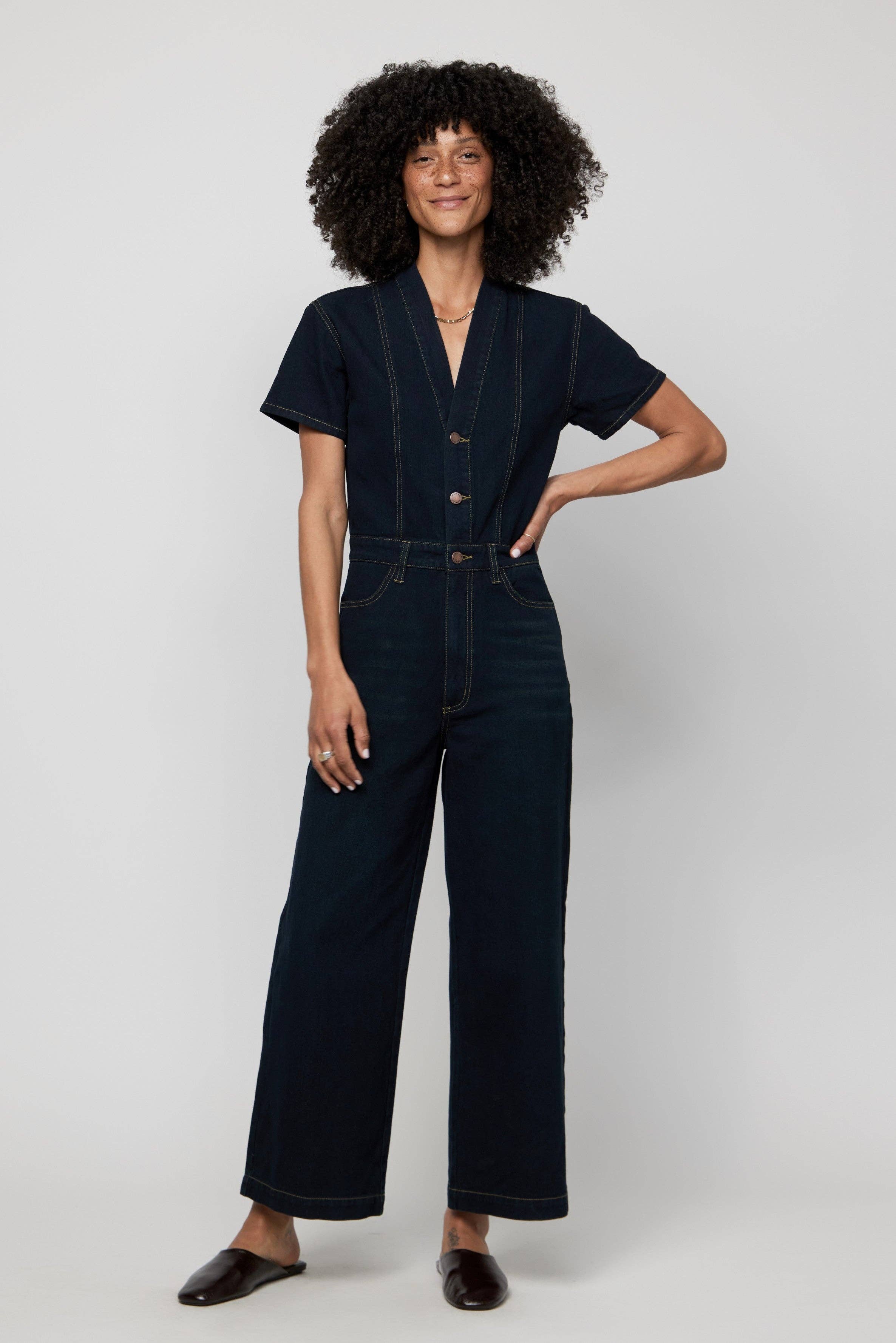 Ashby Short Sleeve Denim Coverall Jumpsuit