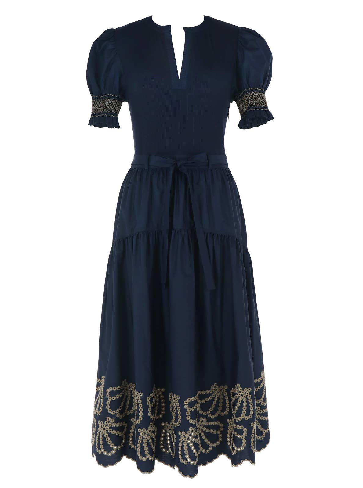 Embroidery Knit Woven Combo Midi Dress