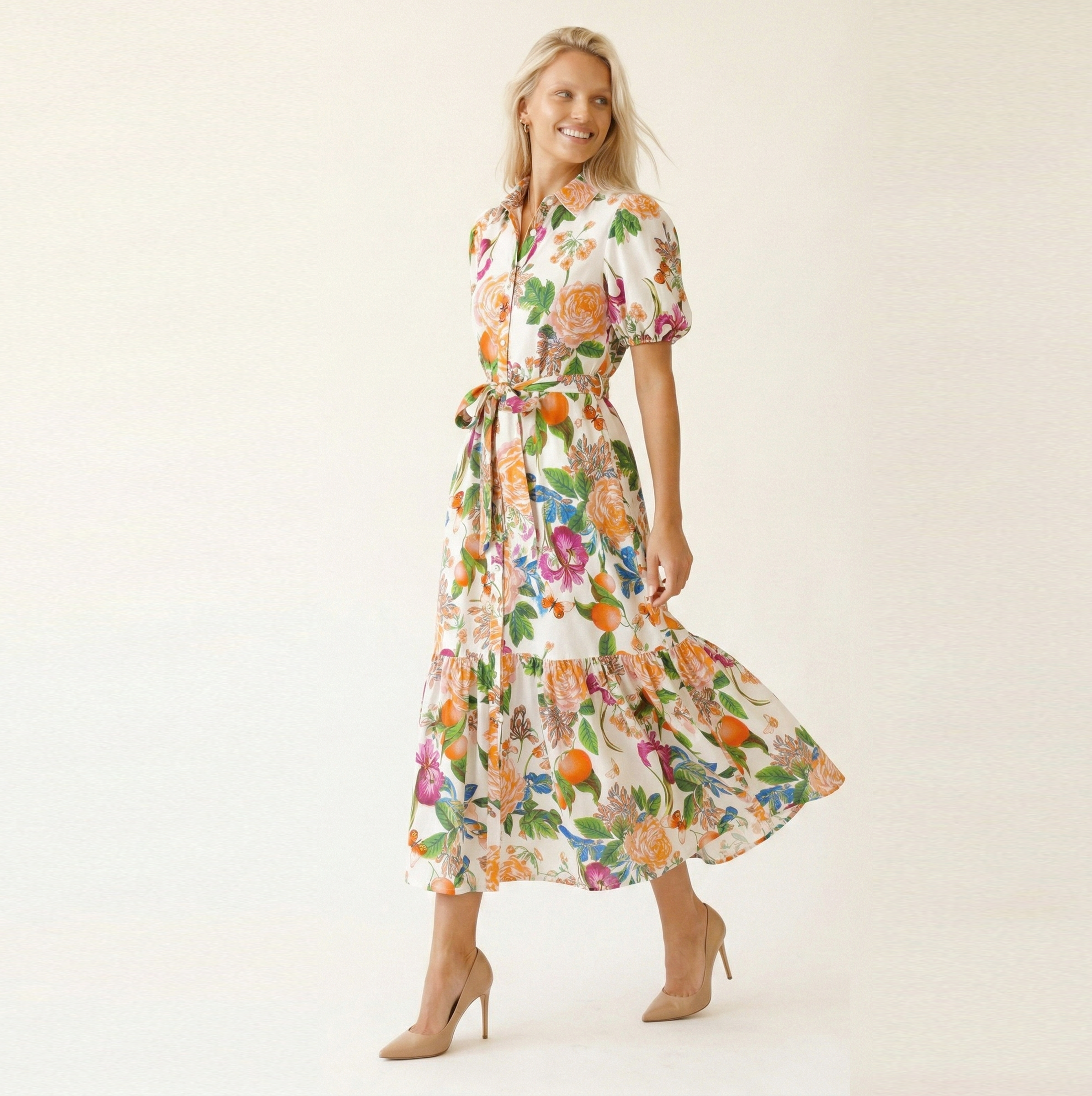 Tangerine Bloom Long Shirt Dress