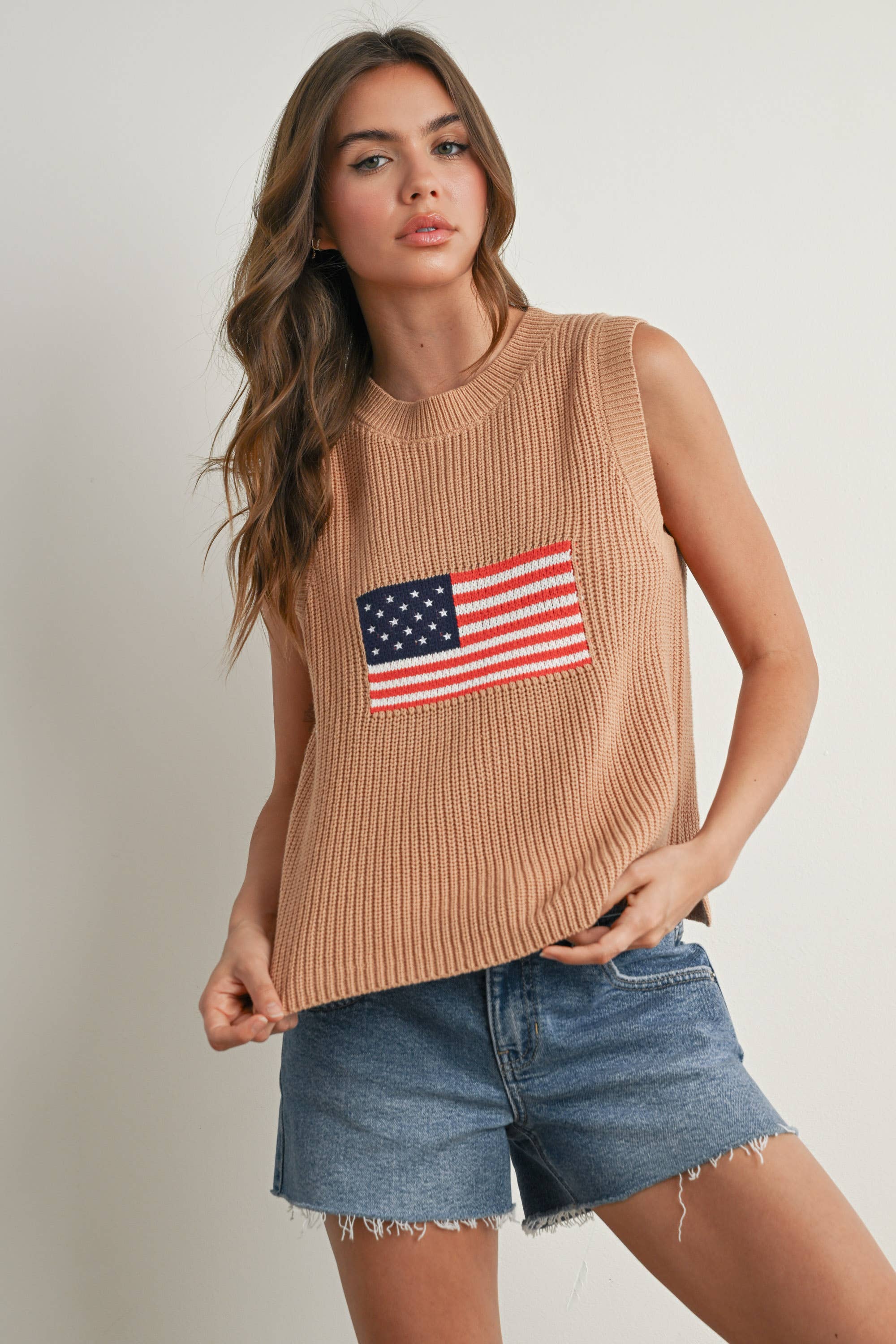 Flag Print Knitted Sleeveless Sweater - BMW7749