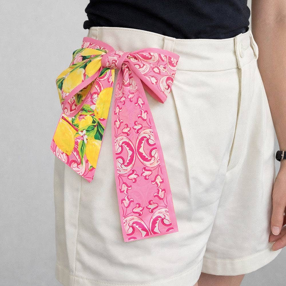 Lemon and Scroll Pattern Twilly Skinny Scarf