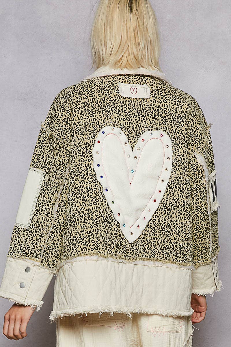 Colorblocked twill patch studded back heart jacket