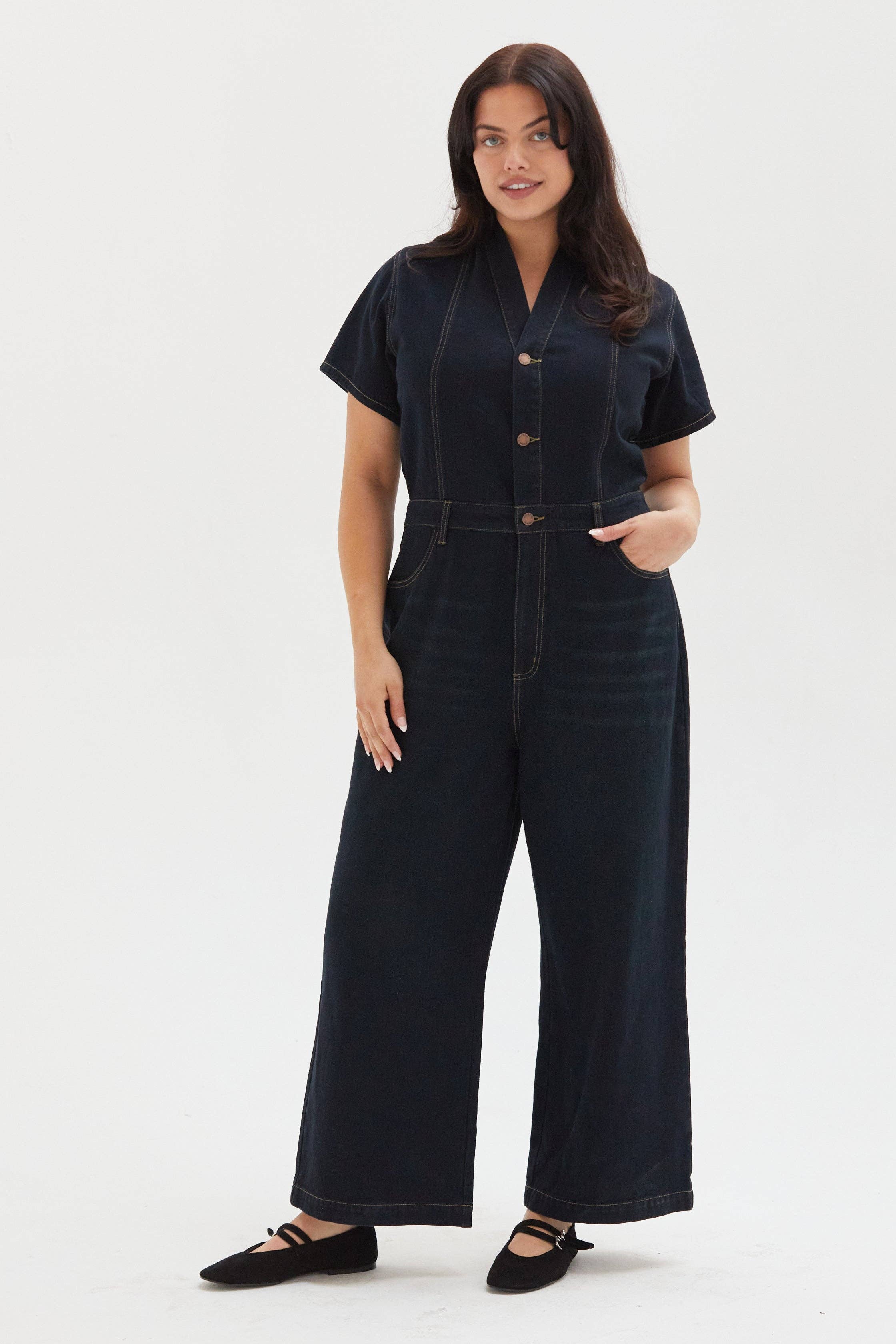 Ashby Short Sleeve Denim Coverall Jumpsuit