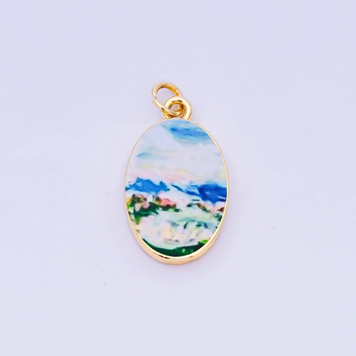 24K Gold Filled Enamel Art Oval Spring Charm in Flower, Butterfly, & Nature