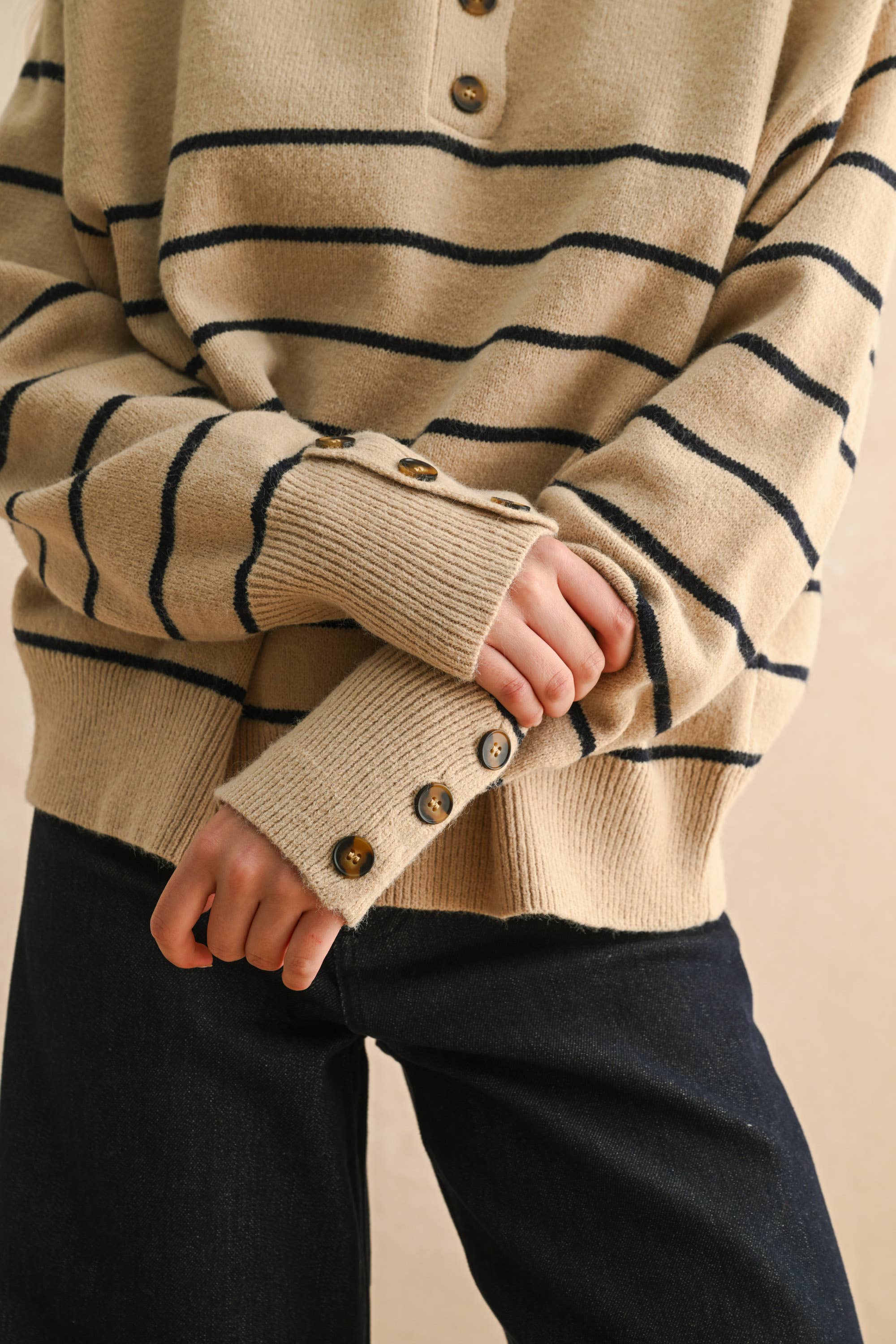 STRIPED HALF BUTTON UP SWEATER TOP