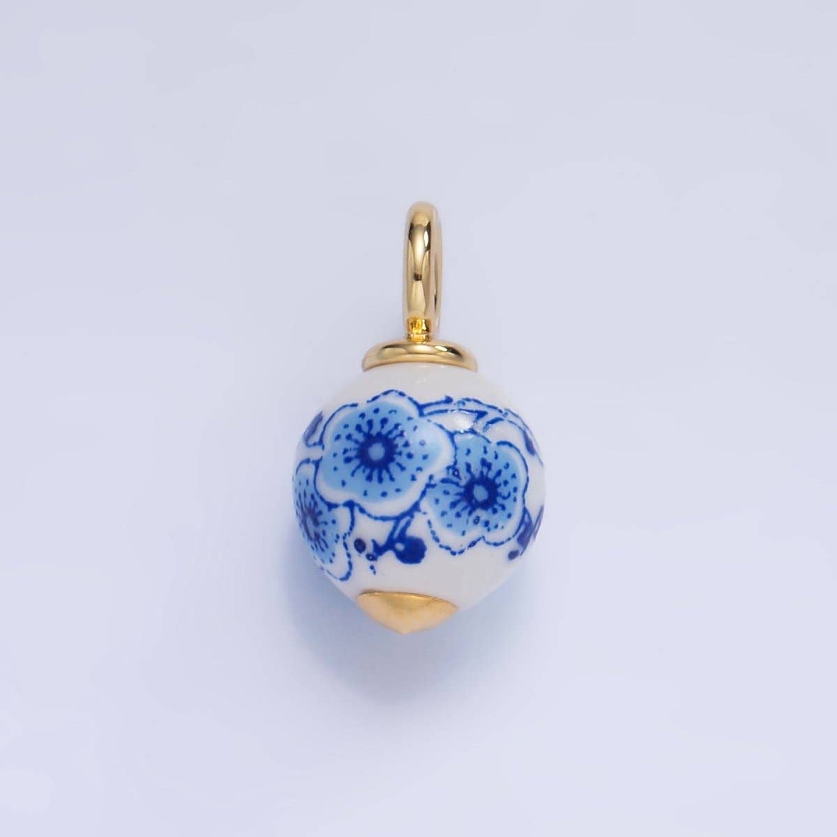 24K Gold Filled Blue Flowers White Ceramic Drop Charm | W122