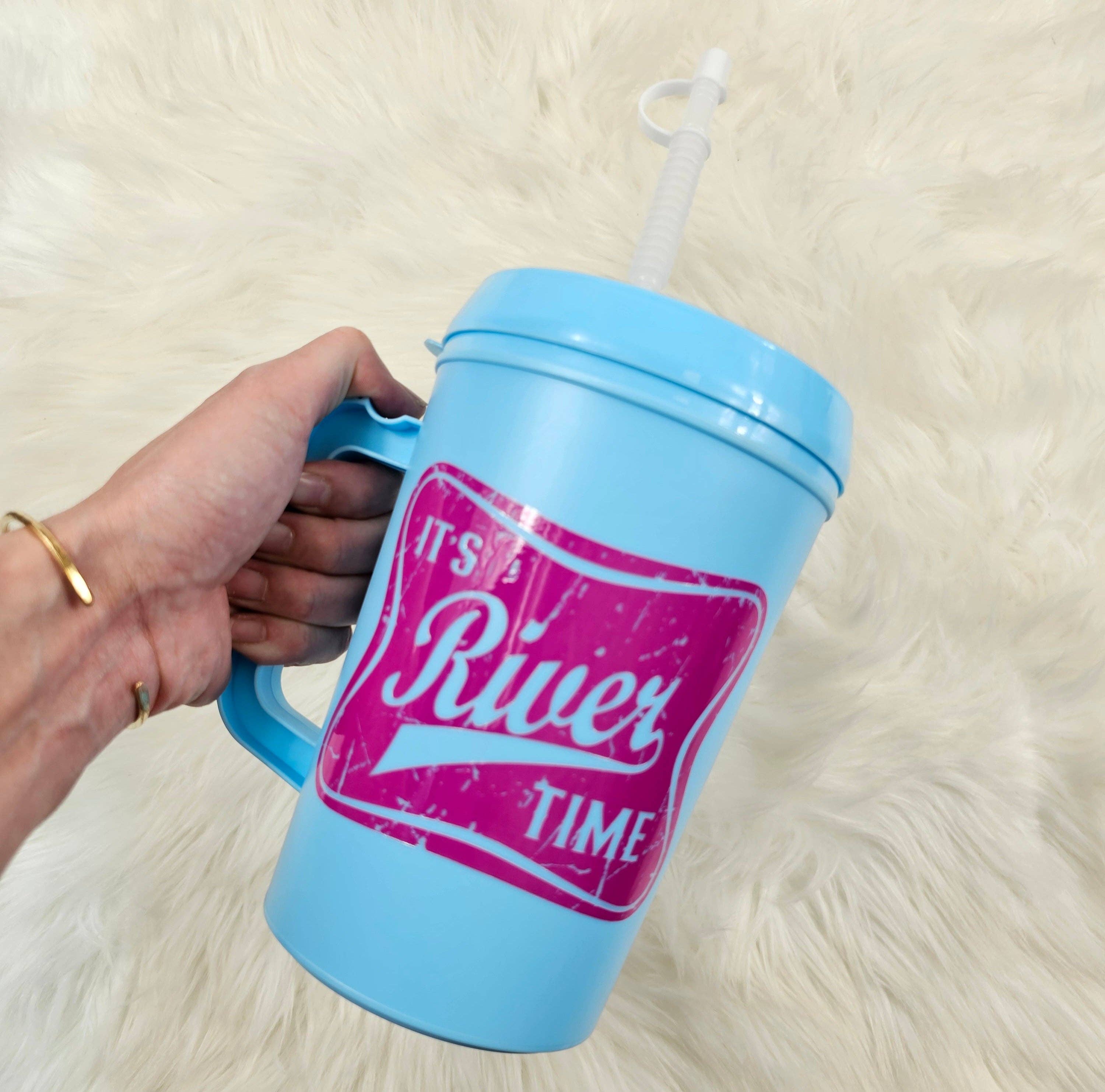 'It's River Time' Mega Trucker Mug 34oz: Light Blue / Single Sided Graphic