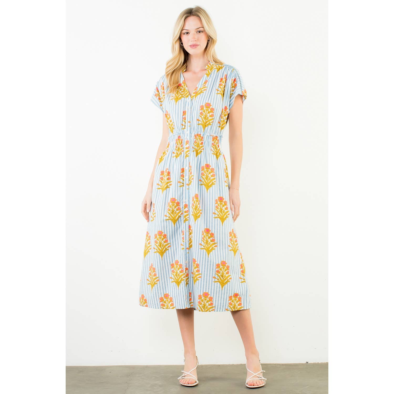 Short Sleeve Floral Striped Print Dress