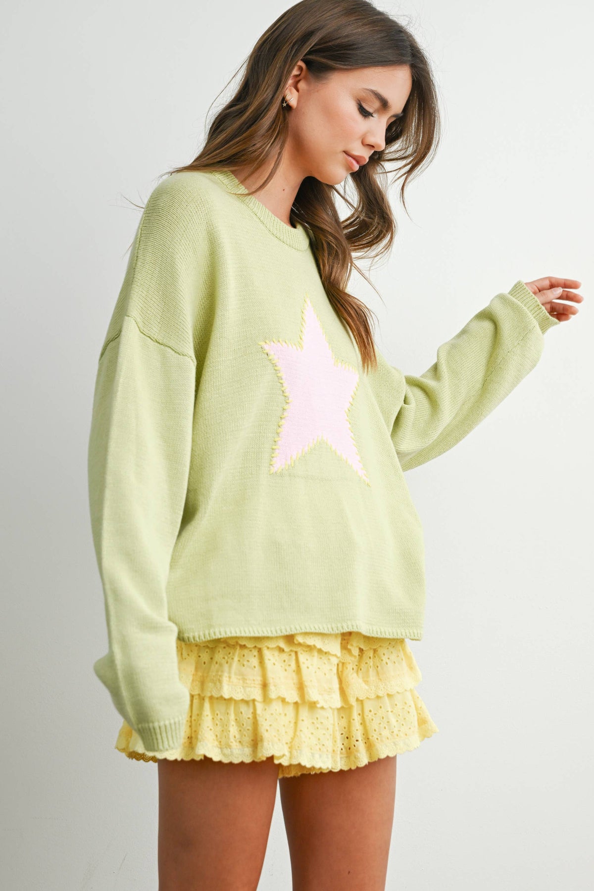 Drop Shoulder Star Pattern Sweater - BMW7756