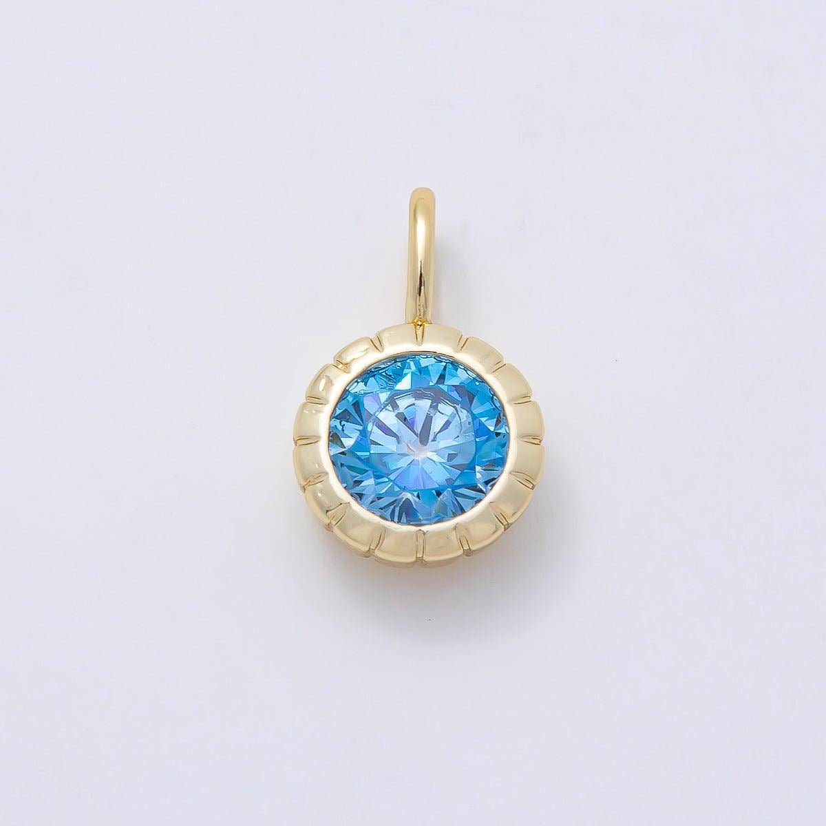 16K Gold Filled 17mm Birthstone Round CZ Ribbed Bezel Mini Pendant | Charms-01113 ~ Charms-01124