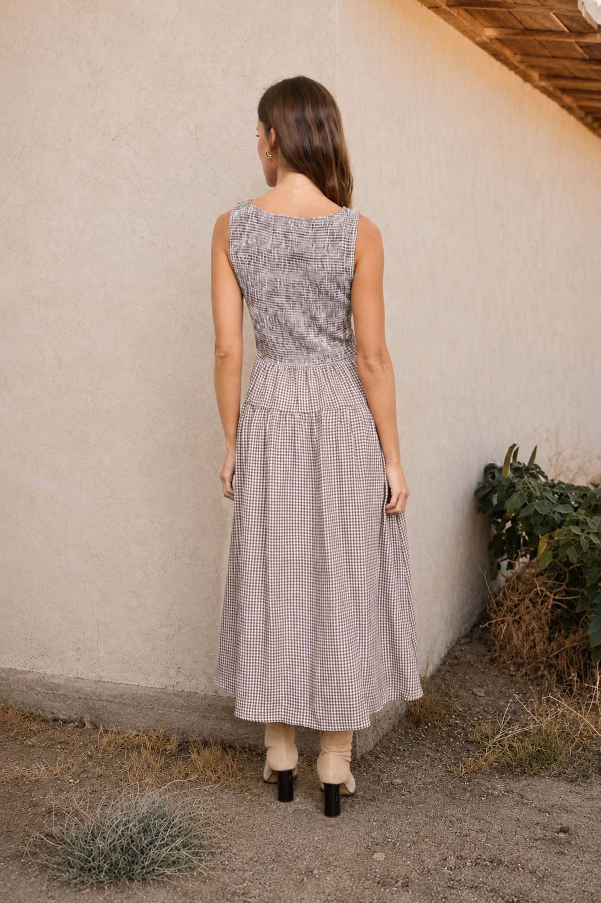 SMOCKED GINGHAM TIERED SLEEVELESS MIDI DRESS