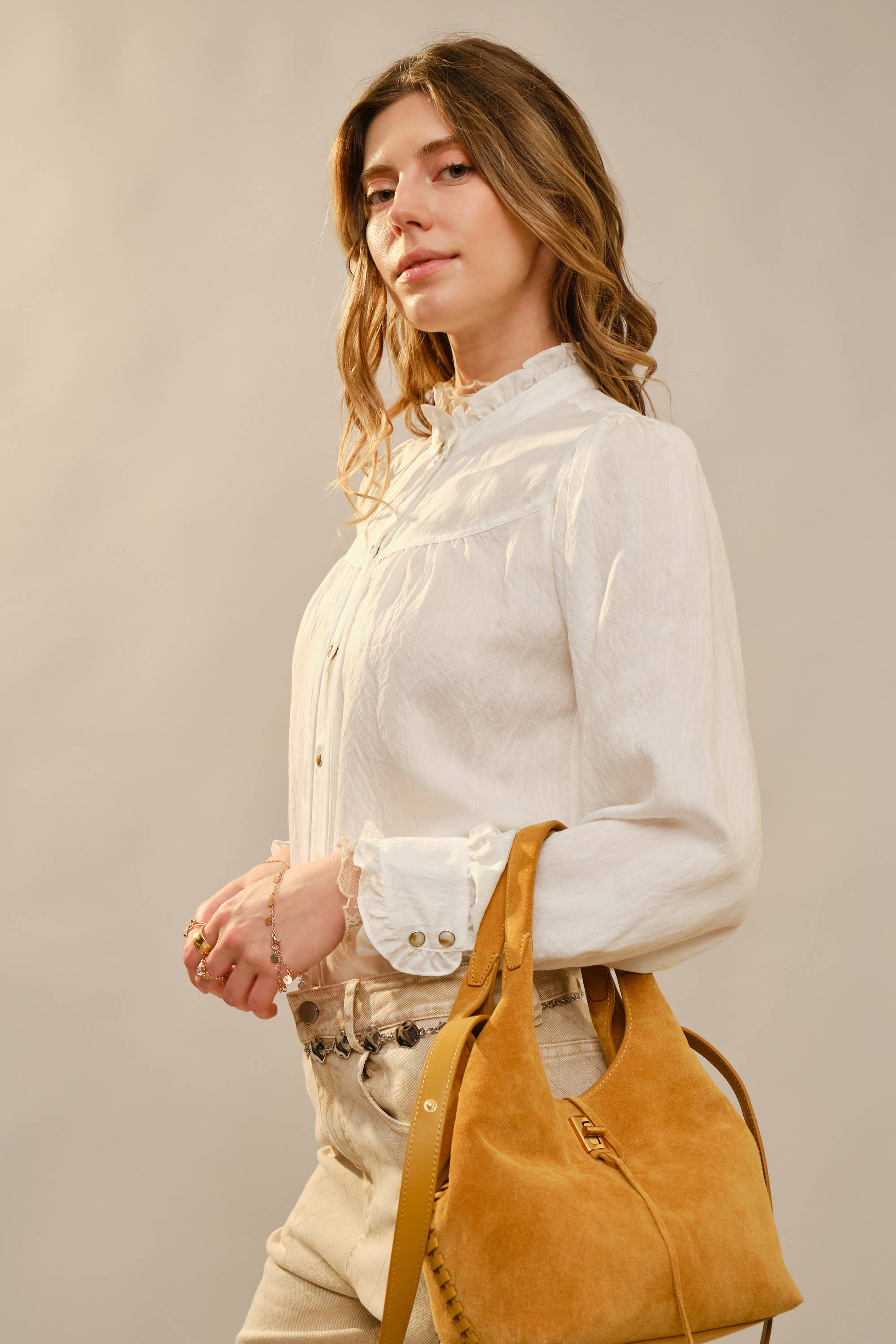 Ruffle Neck Denim Snap Button Shirt