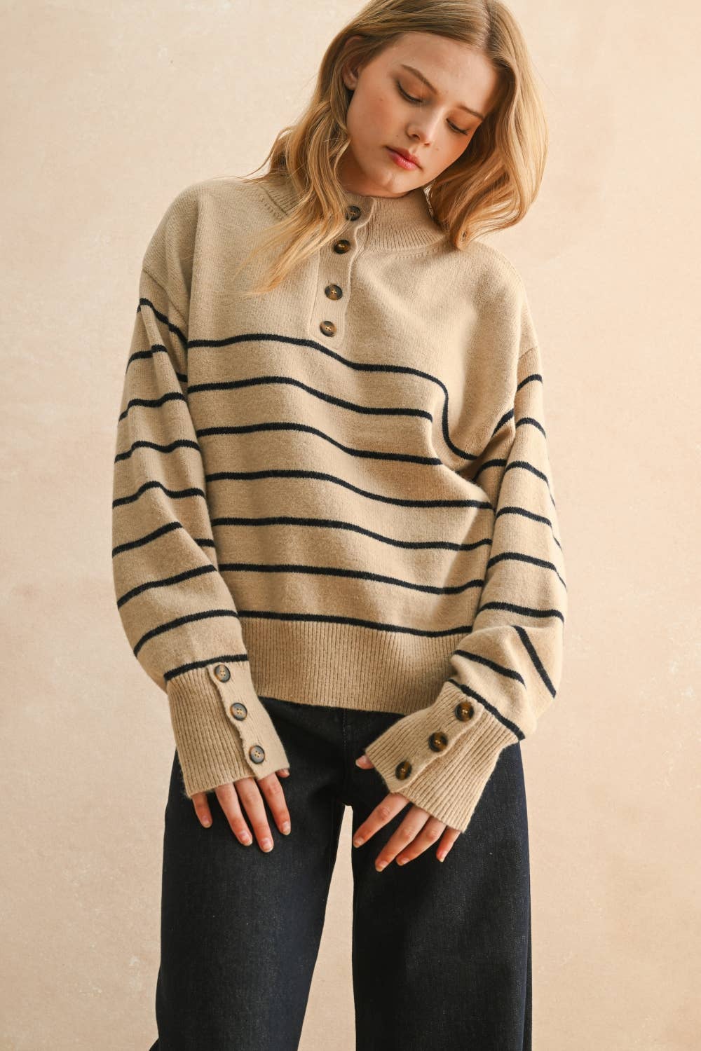 STRIPED HALF BUTTON UP SWEATER TOP