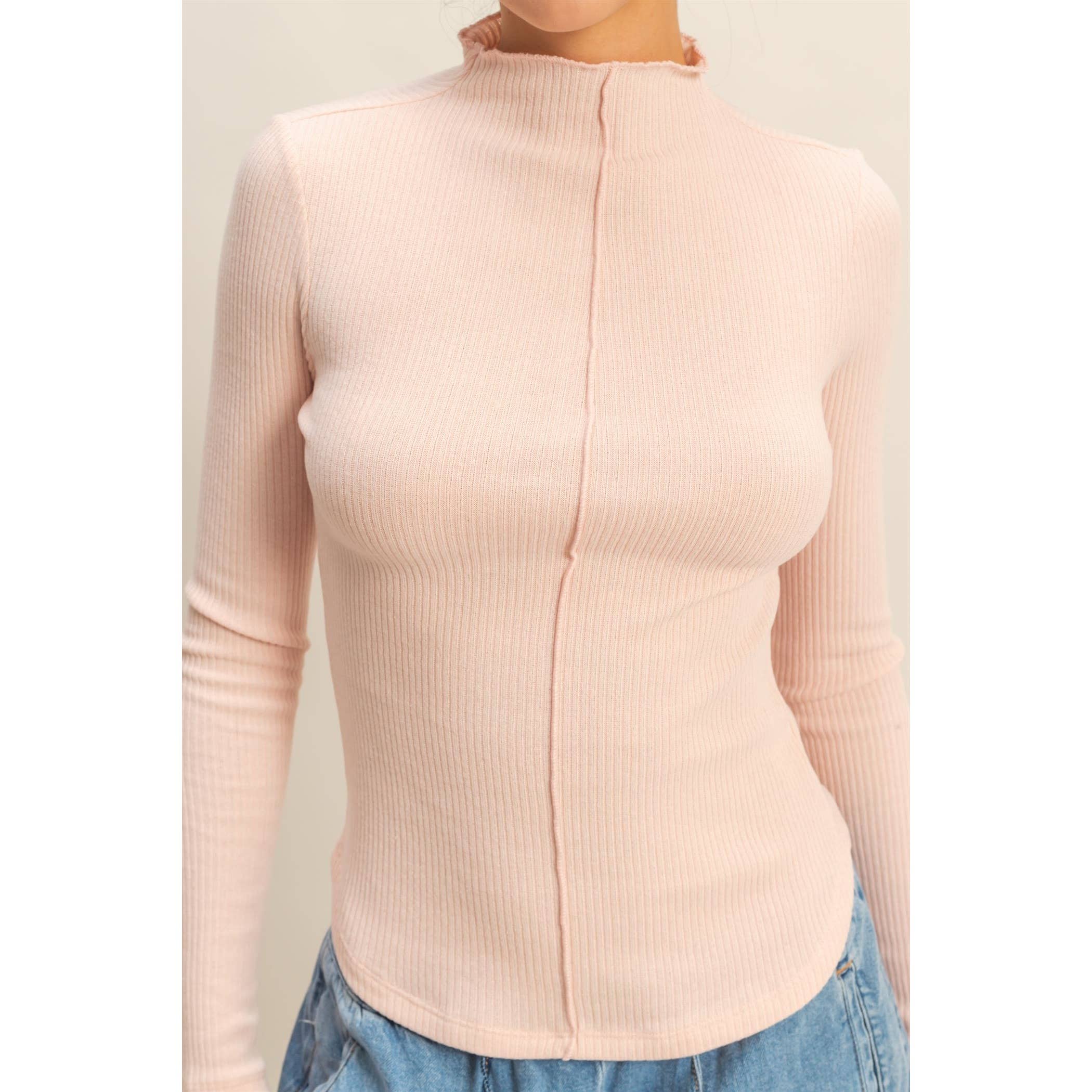 Ribbed High Neck Seam Detail Long Sleeve Top