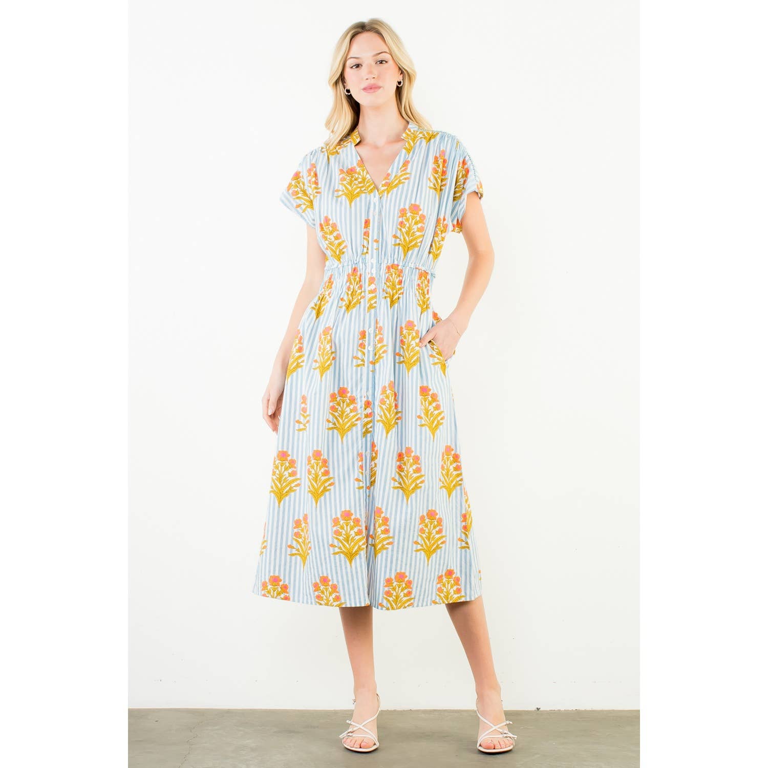 Short Sleeve Floral Striped Print Dress