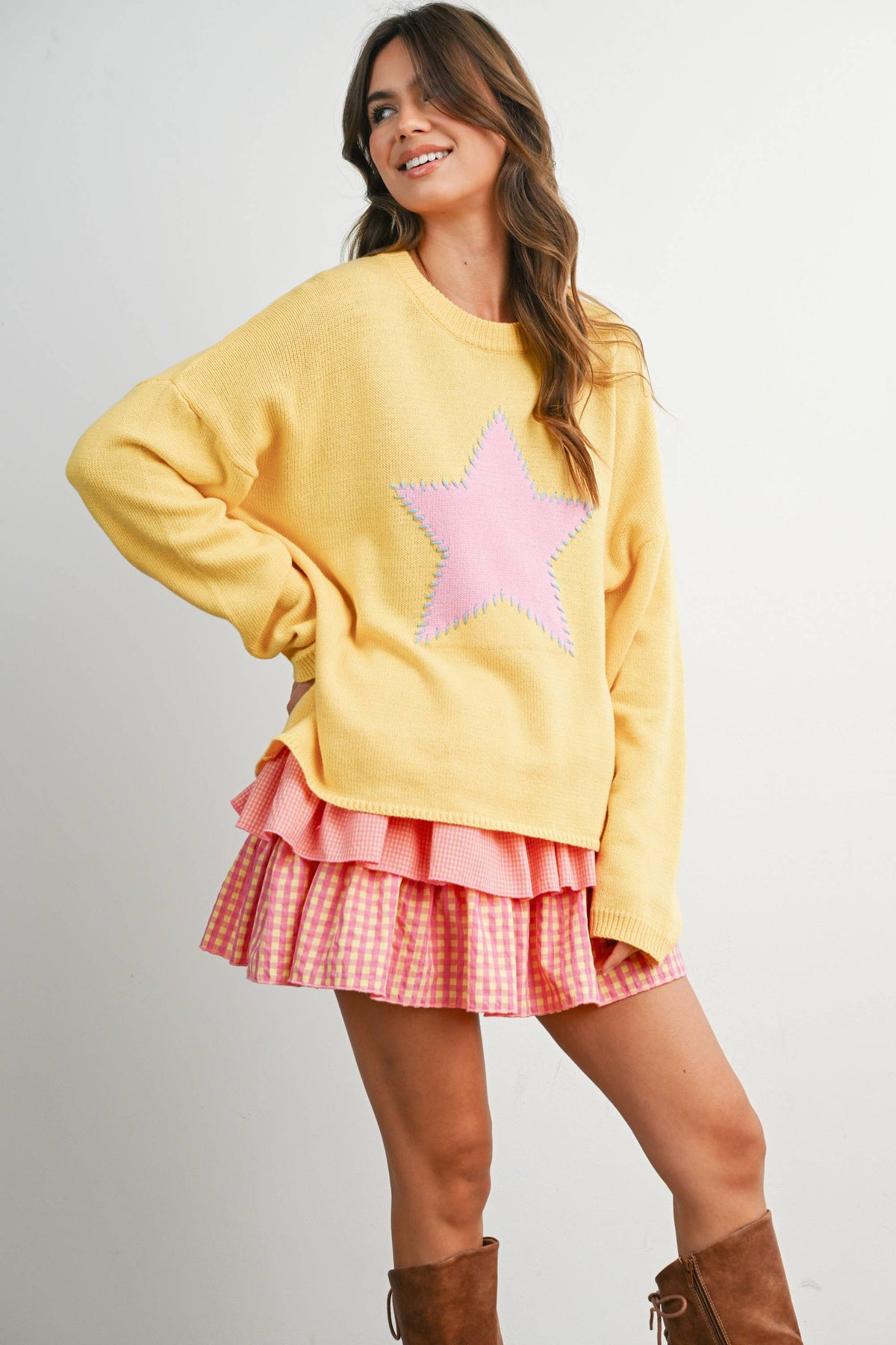 Drop Shoulder Star Pattern Sweater - BMW7756
