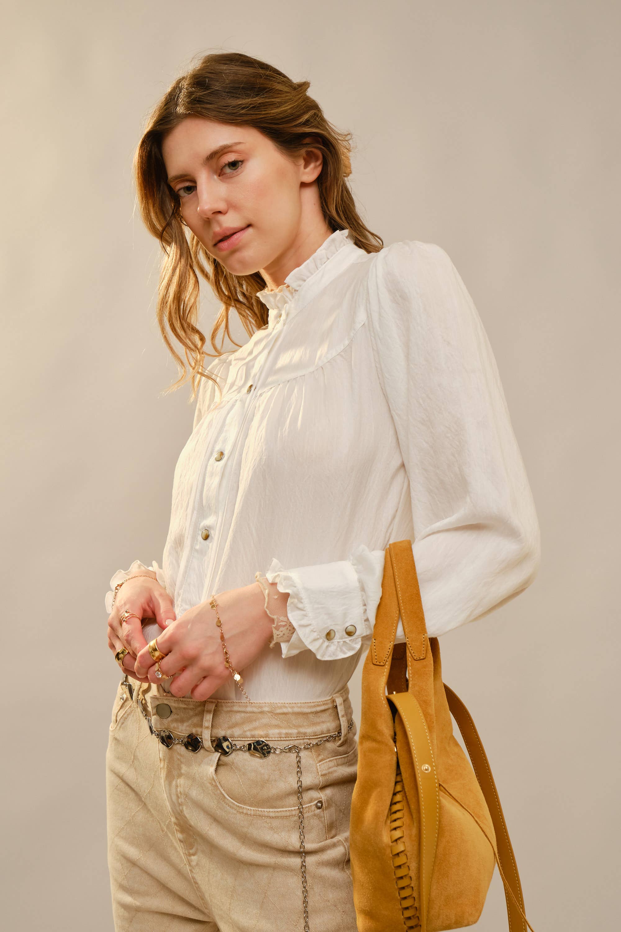 Ruffle Neck Denim Snap Button Shirt