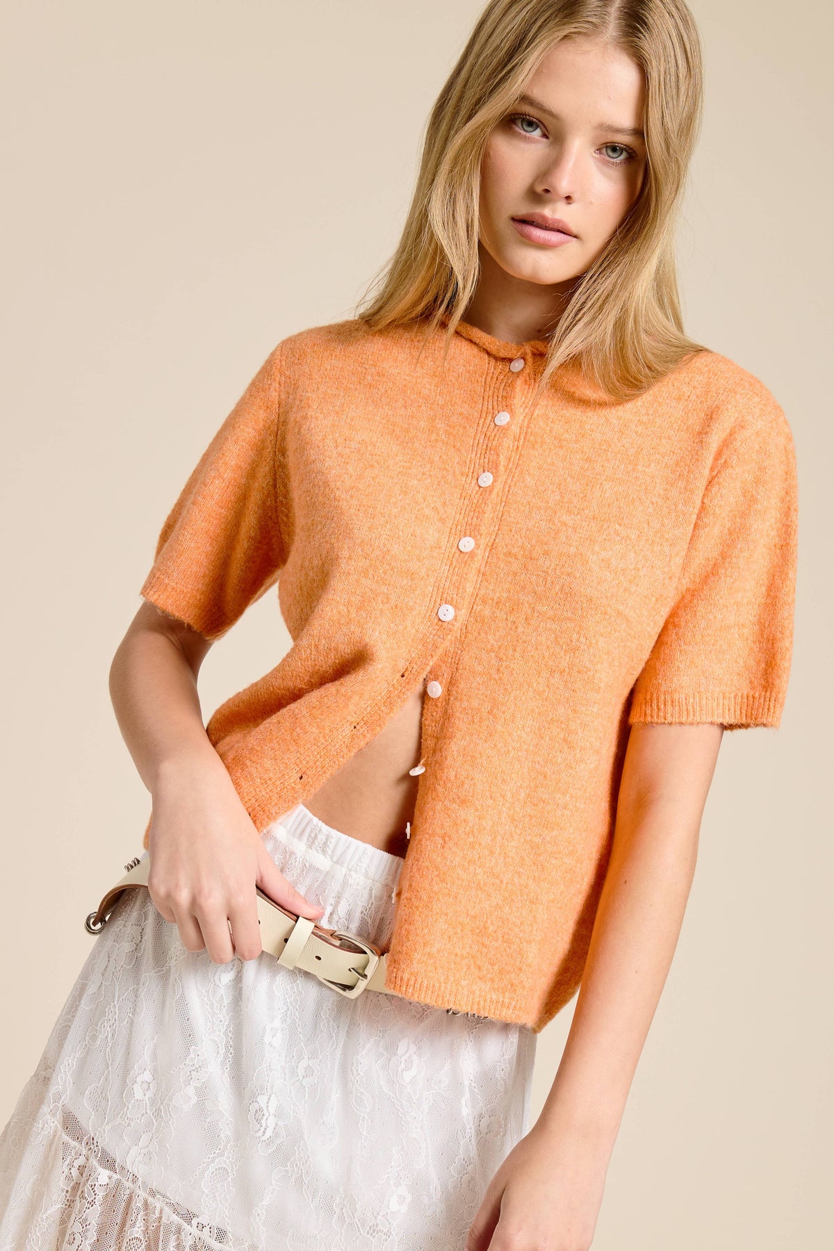 Open-Pack Short Sleeve Button Down Cardigan Top